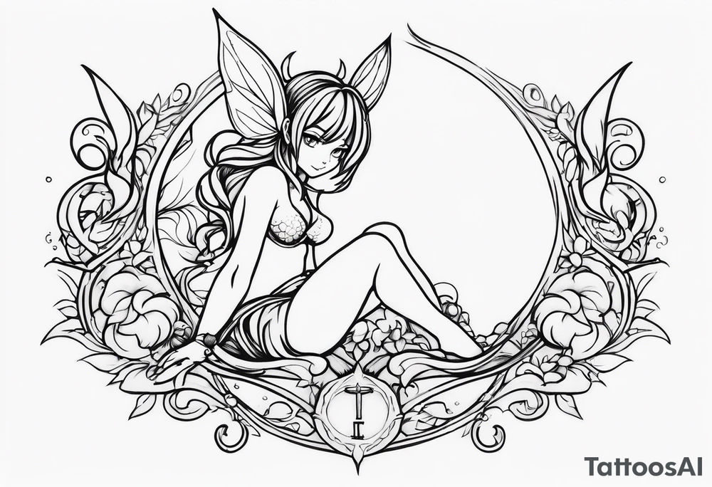 A fairy with a tail inspired by the logo of the show called Fairy Tail in a fetal position tattoo idea