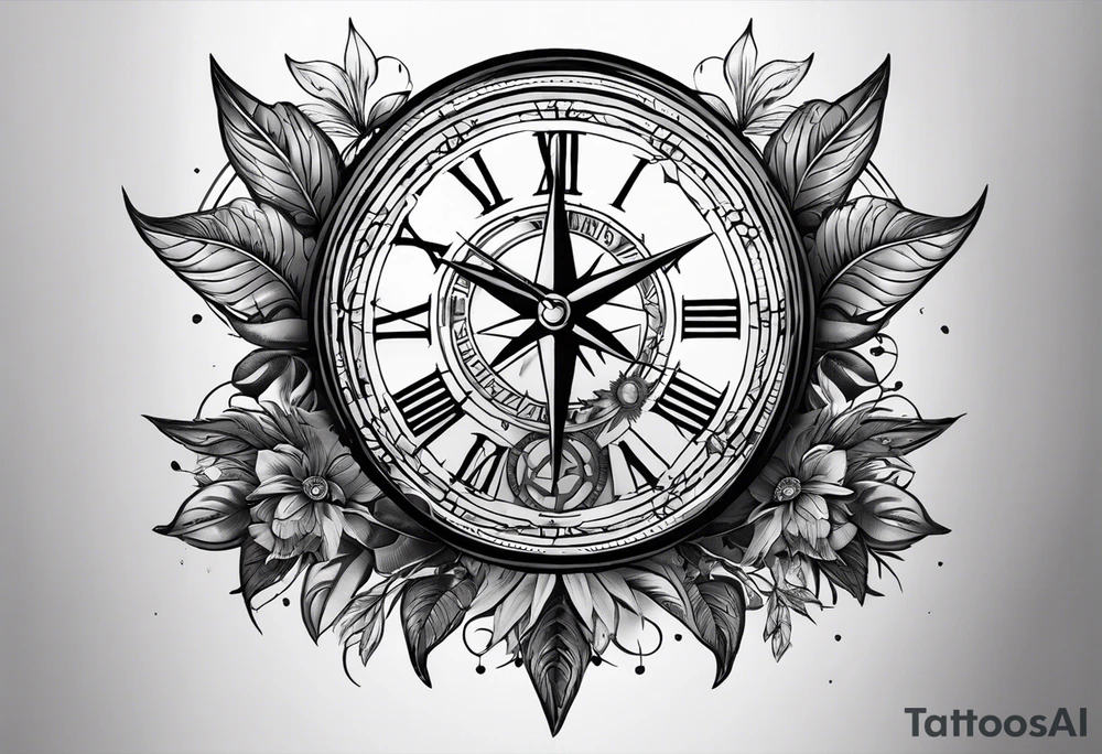 draw me a tattoo with an old clock and a compass rose. shadows of roman numerals are in the background. it is a tattoo located on the left shoulder of a man. it is black and white. tattoo idea
