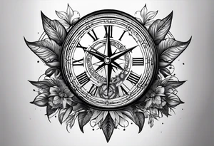 draw me a tattoo with an old clock and a compass rose. shadows of roman numerals are in the background. it is a tattoo located on the left shoulder of a man. it is black and white. tattoo idea