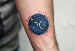 The Cancer zodiac symbol gold beneath a midnight blue sky dotted with white constellation stars. tattoo idea