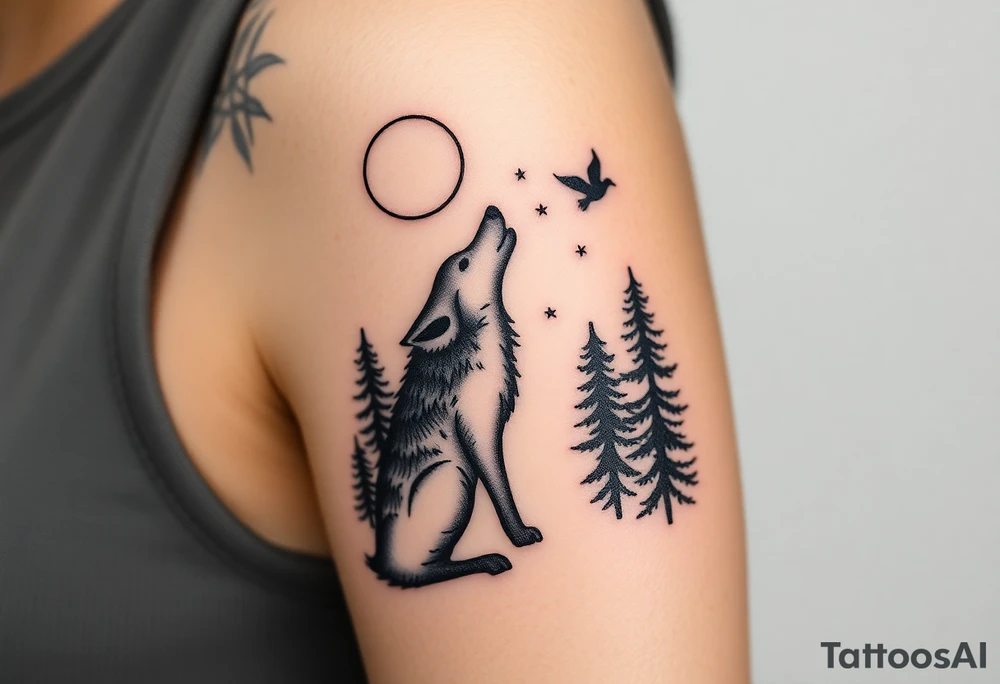 Lone wolf howling at the moon stars in the night sky in a forest with a little dove in the sky tattoo idea