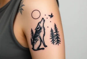 Lone wolf howling at the moon stars in the night sky in a forest with a little dove in the sky tattoo idea