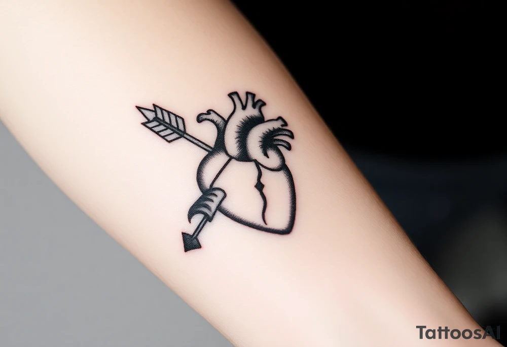 anatomical heart pierced by ornate arrow with flowing ribbons tattoo idea