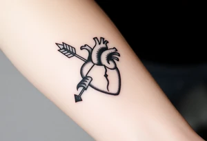 anatomical heart pierced by ornate arrow with flowing ribbons tattoo idea