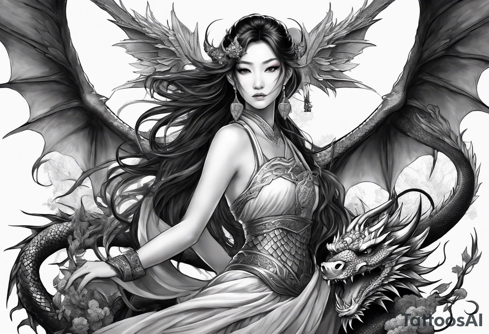 beautiful warrior nymph with dragon wings and a dragon friend tattoo idea