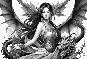 beautiful warrior nymph with dragon wings and a dragon friend tattoo idea