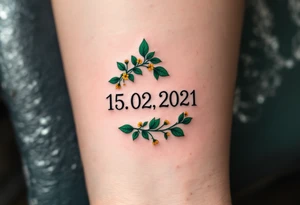 Luky 15. 02. 2021 – Deep emerald green vine twisting around Lucas's birthdate, with small yellow blooms dotting the numbers. tattoo idea