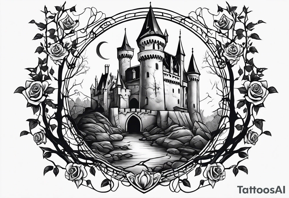 tattoo fool sleeve, old broken gothic castle, broken sword, tree roots break out of the chains, roses tattoo idea