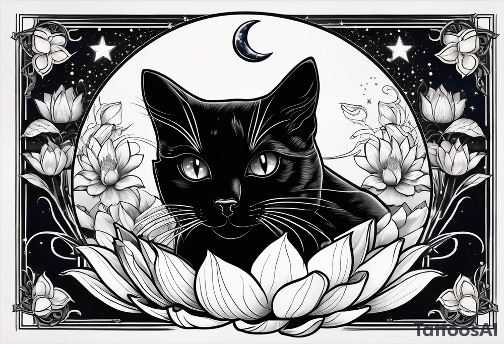 Photo realistic black cat head with moon and stars and lotus flower tattoo idea