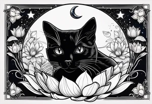 Photo realistic black cat head with moon and stars and lotus flower tattoo idea