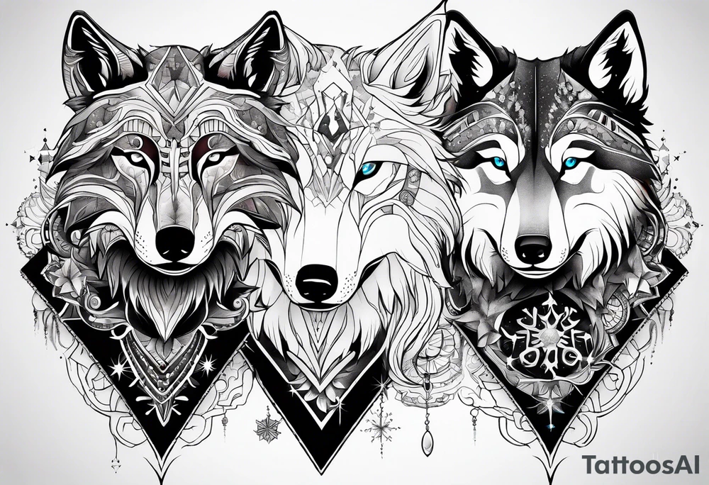 Constellation, two animal alien wolf, snowflake tattoo idea