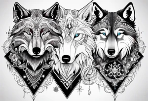 Constellation, two animal alien wolf, snowflake tattoo idea