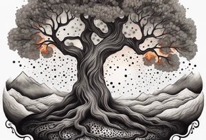 enormous old tree engulfed in flames of fire tattoo idea