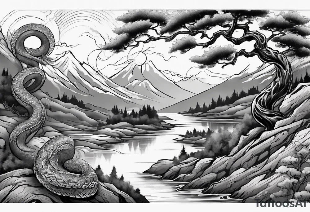 Full arm sleeve, tree going up to shoulder dead tree going down to wrist, wrapped in a serpent moving down with mountain, water, and demon tattoo idea