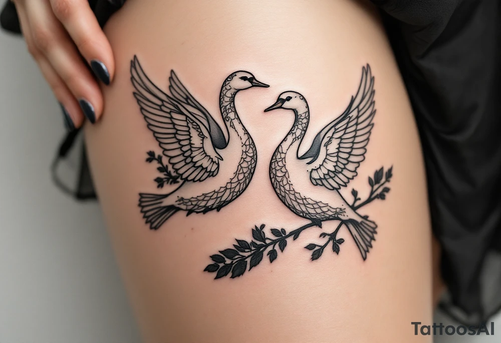 A pair of birds (e.g. swans or robins) in soft hues flying side by side reflects love, teaching, and lifelong companionship. tattoo idea
