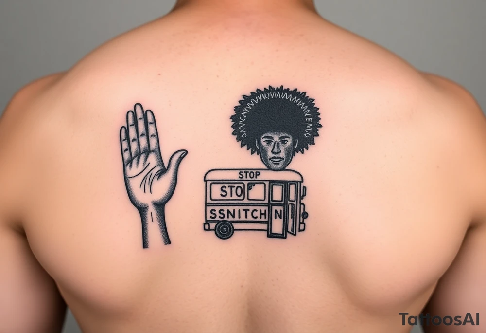 an african american with an afro with his hands standing in front of him with one hand vertically and one horrizonal in the shape of a T standing of a short bus with a stop sign that says STOP SNITCHING tattoo idea