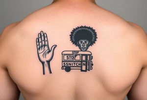 an african american with an afro with his hands standing in front of him with one hand vertically and one horrizonal in the shape of a T standing of a short bus with a stop sign that says STOP SNITCHING tattoo idea