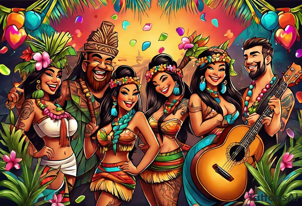 tiki party with dancing tiki guys and sexy tiki girls with music notes and confetti tattoo idea