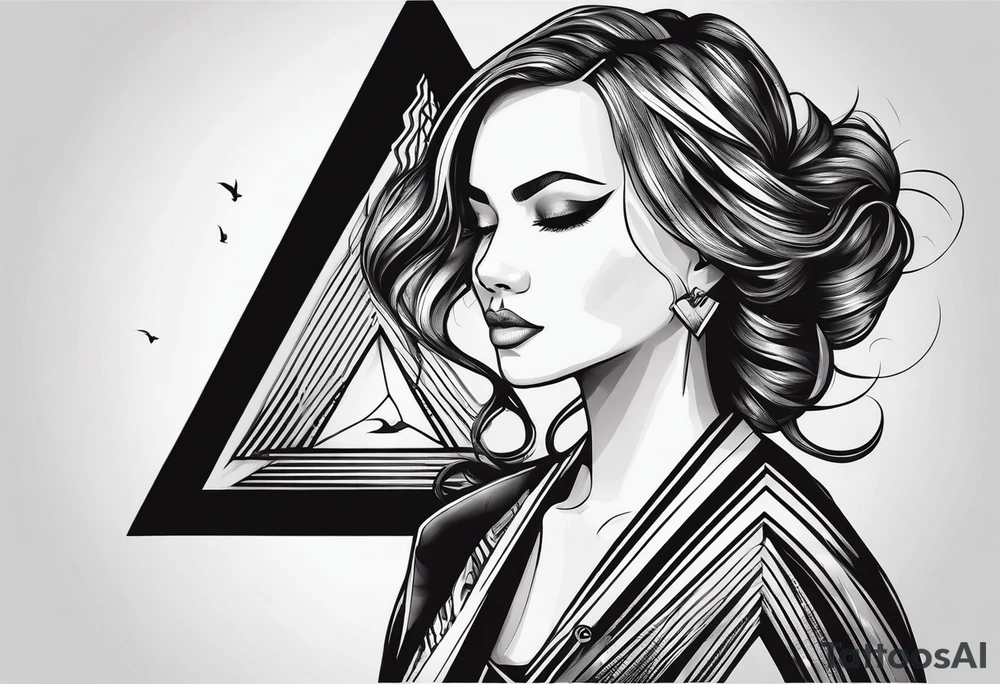 Un triangulo con una persona al medio, estilo de dibujo con lineas en blanco y negro mas simple solo lineas y una persona muy pequeña tattoo idea
