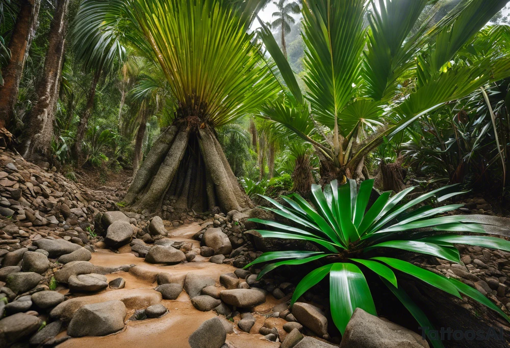 A striking Gachala emerald sits at the base of a tall quindio wax palm, which grows resiliently from cracks in rugged, rocky soil. The emerald is the main focal point, symbolizing strength and endurance, while the wax palm, rooted in the soil’s crevices, represents growth and resilience. A small water stream flows gently from the rocks, adding an element of life and nourishment. tattoo idea