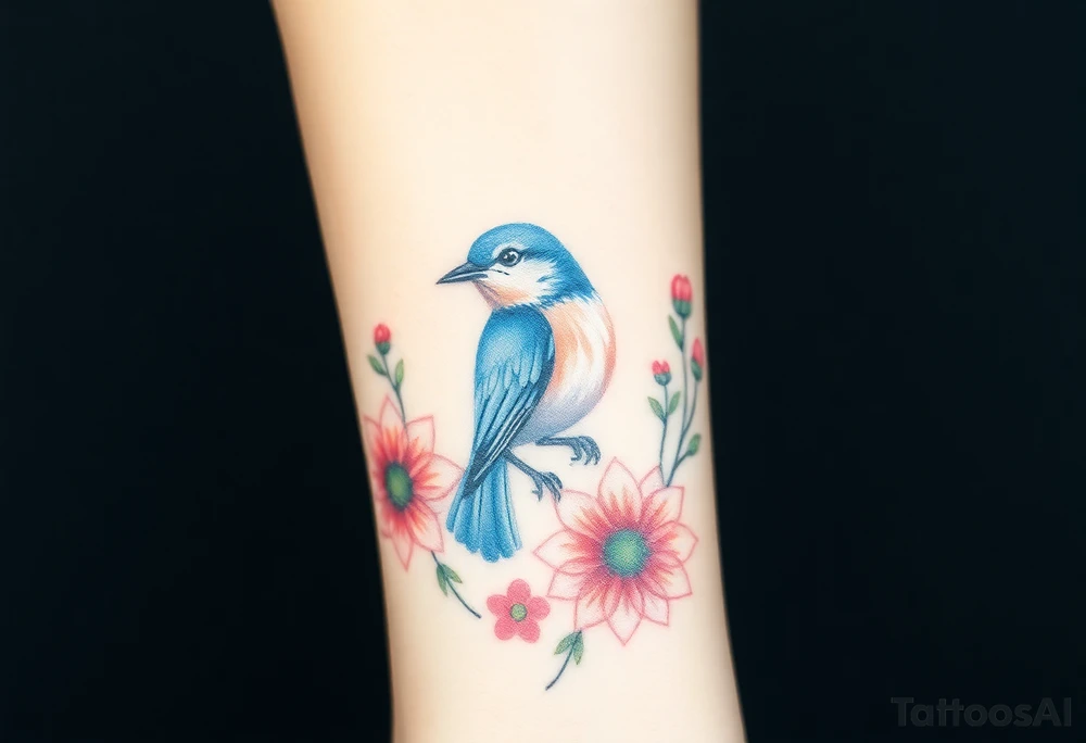 Puffy bluebird surrounded by wild flowers tattoo idea