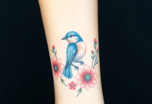 Puffy bluebird surrounded by wild flowers tattoo idea