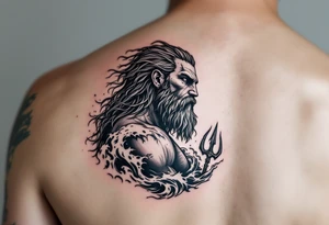 fit poseidon, with trident, in rough water, looking at the horizon tattoo idea