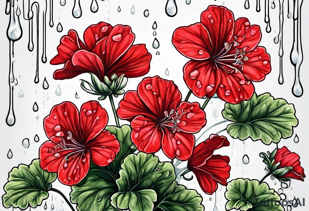 red geraniums with rain drops tattoo idea