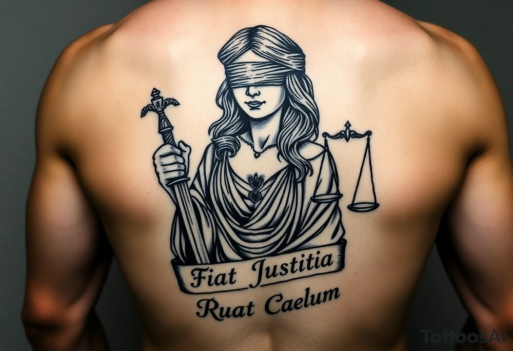A striking black and grey tattoo design of a regal, blindfolded woman, symbolizing justice. She has an air of strength and wisdom, with flowing hair and a serene yet powerful expression. One breast must be exposed, representing vulnerability and truth. She holds a sword in one hand, symbolizing enforcement of justice, and a set of scales in the other, signifying balance. The Latin phrase ‘Fiat Justitia Ruat Caelum’ is elegantly inscribed in a classical, Roman-inspired font, either flowing beneath her or wrapping around the design. The overall style is a fusion of realism and fine-line tattoo artistry, with intricate shading and dramatic contrasts to give depth and texture tattoo idea