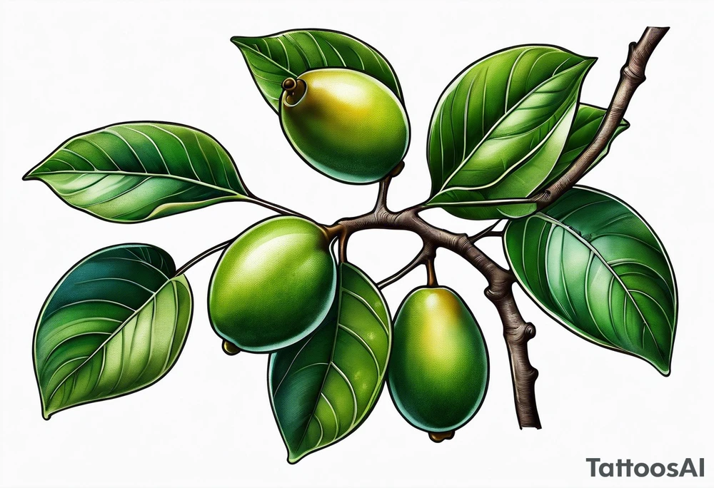 A ficus edulus branch with 3 greenish-brown fruits and multiple leaves tattoo idea
