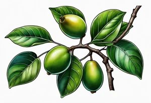 A ficus edulus branch with 3 greenish-brown fruits and multiple leaves tattoo idea