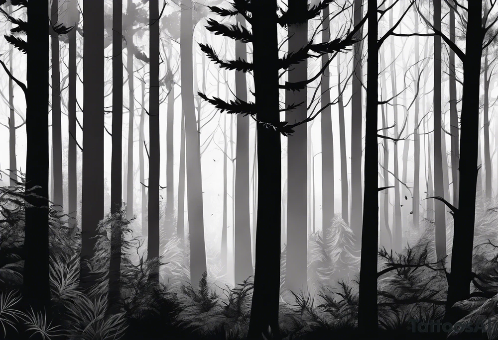 long black silhouettes with white eyes in a big dark forest tattoo idea