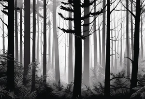 long black silhouettes with white eyes in a big dark forest tattoo idea