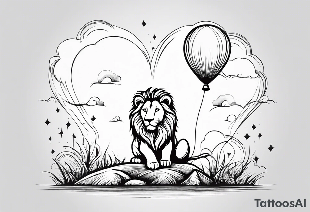 tatoo in sketch style only.
A little lion is holding a string to the hearth shaped small party baloon.
lion should be drawed from behind and has one hand reaching up in 45 degree angle and holding the baloon string
On the string is a wave which look like a hearbeat pulse.
draw it without any scenery, without any background. Just a lion 
Add heartbeat pulse on the string tattoo idea