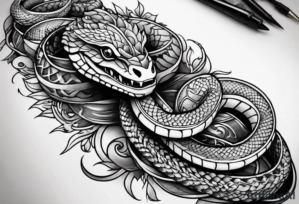half sleeve tattoo with a snake wrapped around a sword and a heart tattoo idea
