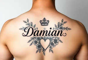 Name Damian, with crown, flowers and hearts tattoo idea