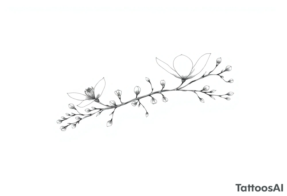 Graceful long magnolia branch with small flowers in early blossom stage with closed flowers tattoo idea