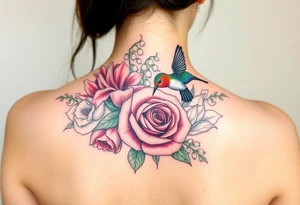 Bouquet of flowers with a carnation, rose, Lily of the valley, delphinium with stems Starting upper middle back to right shoulder With humming bird feeding on rose tattoo idea