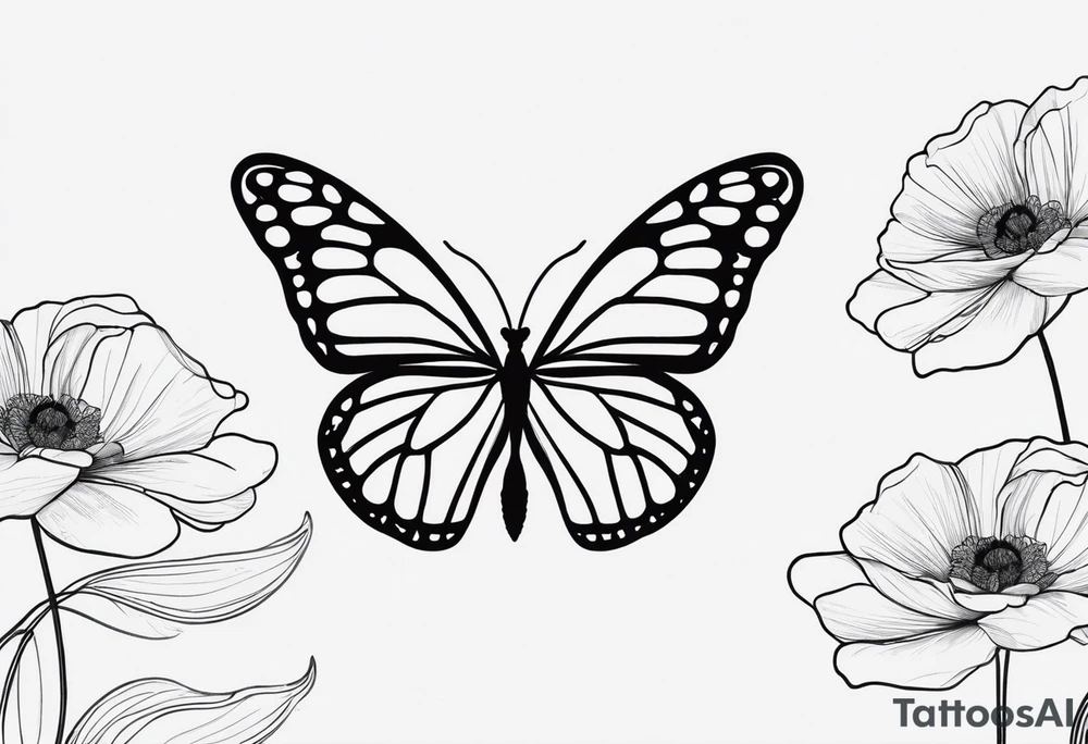 Design a black and white fine line tattoo of a monarch butterfly. The top halves of the wings should be filled with delicate poppy flowers, seamlessly integrated into the wing design. The overall style should be minimalistic and elegant, with clean lines and intricate details. The bottom halves of the wings should remain simple to emphasize the flowers above. tattoo idea