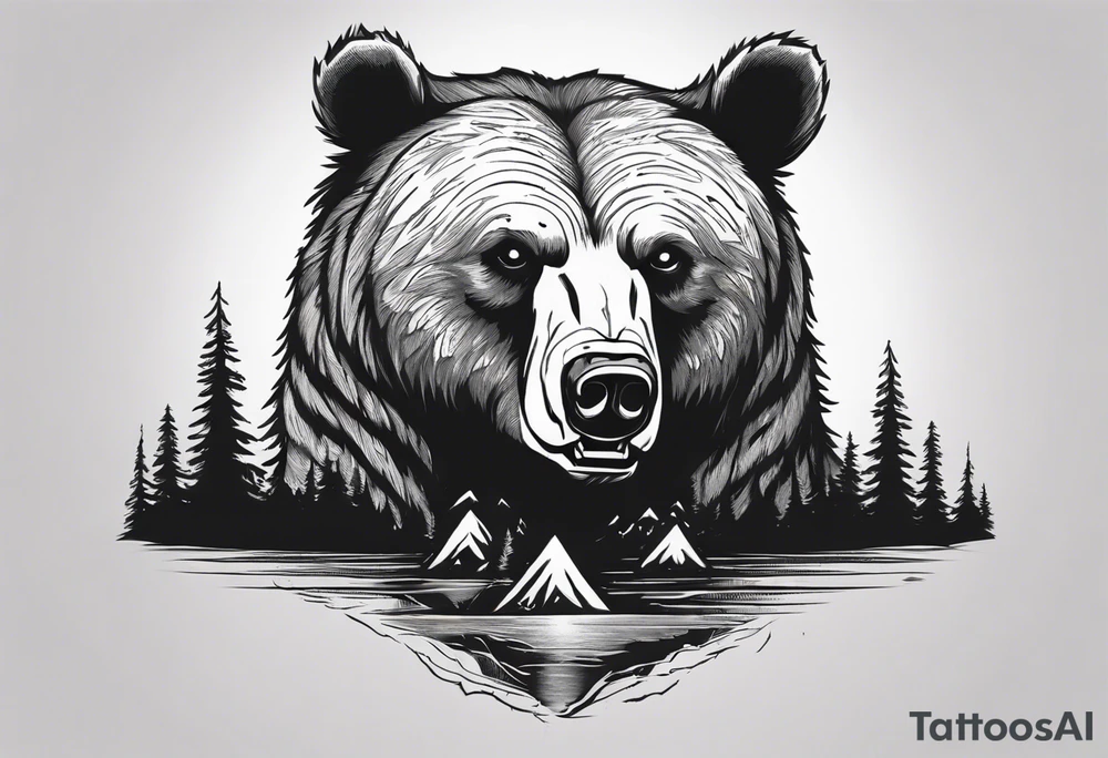 bear head right above the forest line with a lake below, full arm sleeve tattoo tattoo idea