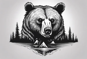 bear head right above the forest line with a lake below, full arm sleeve tattoo tattoo idea