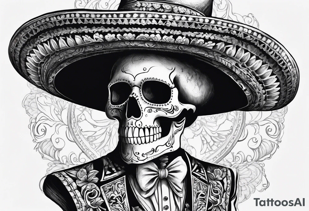 full body of standing skeleton in the suit with hat in mexican style, similar to santa muerte tattoo idea