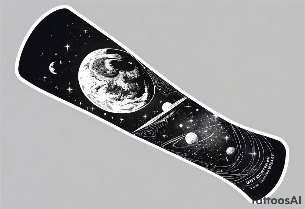 Outer space themed calf sleeve tattoo incorporating the quote, "Made for another world" tattoo idea