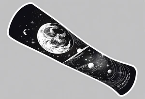 Outer space themed calf sleeve tattoo incorporating the quote, "Made for another world" tattoo idea