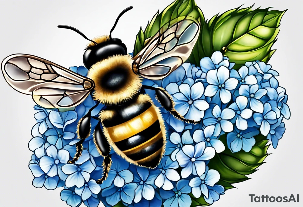 Small tattoo. There’s a hydrangea and a bee but they are not touching. Make the bee smaller than the hydrangea and have the bee off to the side. Bee is smaller than the hydrangea tattoo idea