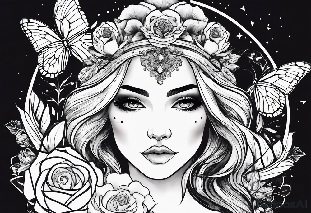 Mulher do signo de Touro mostrando as características, flores e livros atrás em volta da mulher com chifres para tatuar no antebraço parte interna tattoo idea