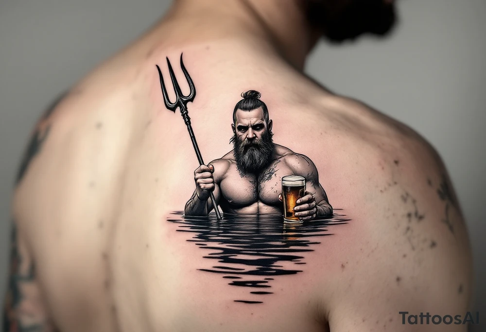 Drunk guy with trident half way in calm water with a beer tattoo idea