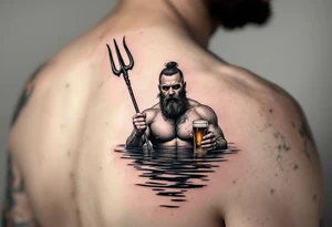 Drunk guy with trident half way in calm water with a beer tattoo idea