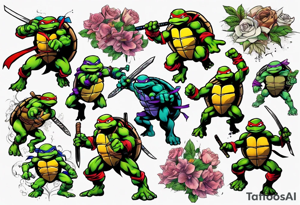teenage mutant ninja turtles fighting in a city with floral accents tattoo idea