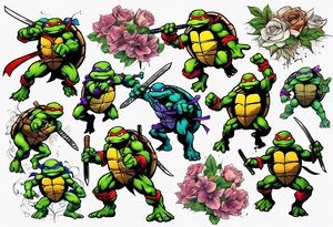 teenage mutant ninja turtles fighting in a city with floral accents tattoo idea